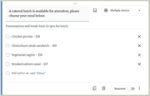 Example of a Payable multiple choice Google Form question.